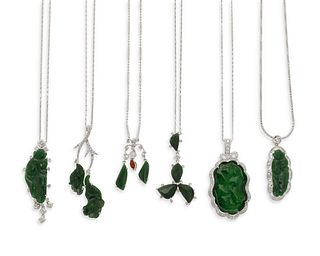 Six jadeite and diamond pendant necklaces