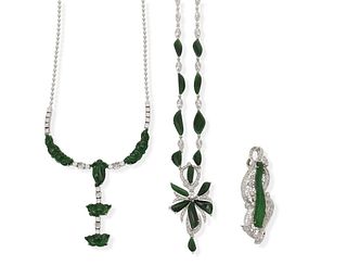 Three jadeite and diamond jewelry items