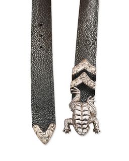 A sterling frog buckle set on a shagreen belt