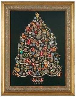 A costume jewelry framed Christmas tree