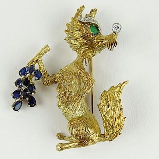 Vintage 18 Karat Yellow Gold Fox Pin accented with Diamonds, Sapphires and Emerald.