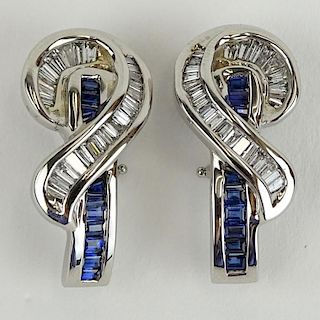 Pair of Lady's Baguette Cut Diamond, Sapphire and 14 Karat Earrings