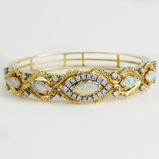 Lady's Vintage Casbah White Opal, Diamond and 14 Karat Yellow Gold Bangle Bracelet.