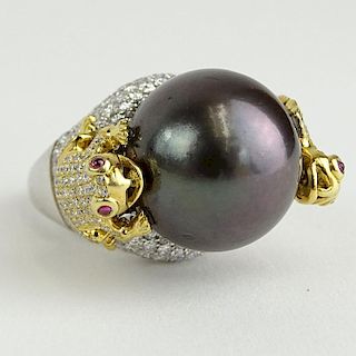Lady's 16.5mm Black Tahitian Pearl, Round Cut Diamond 18 Karat Gold Ring.