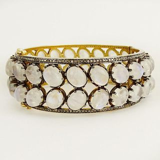 Vintage Moonstone, Single Cut Diamond and Silver Bangle Bracelet.