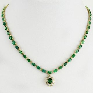 BHGL Appraised 24.0 Carat Oval Cut Emerald, 2.0 Carat Round Cut Diamond and 14 Karat Yellow Gold Necklace.