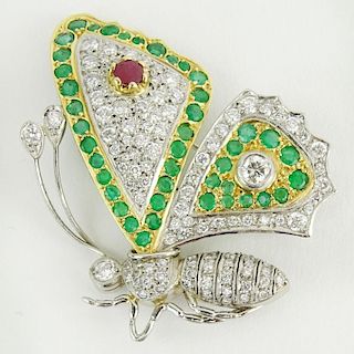 Lady's Vintage Approx. 3.50 Carat Pave Set Round Cut Diamond, Emerald, Ruby,Butterfly Brooch