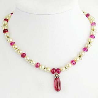 Lady's Vintage Red Tourmaline and Pearl Necklace.