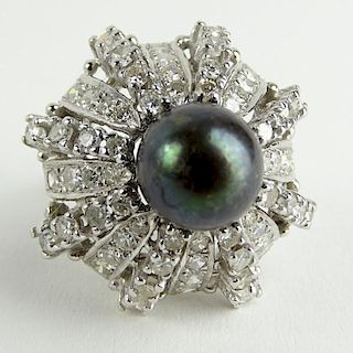 Vintage Black Pearl, Diamond and 14 Karat White Gold Ring.