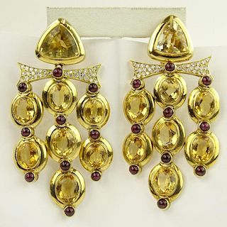 Lady's Large Pair of Vintage Approx. 94.00 Carat Citrine, 5.50 Carat Ruby, 1.75 Carat Diamond Gold Chandelier Earrings.