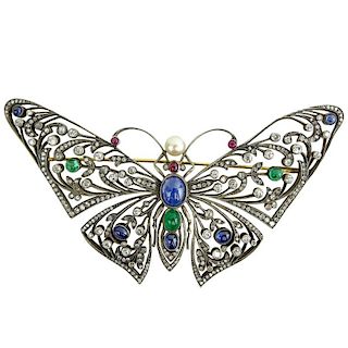 Large Antique Art Nouveau 14 Karat Yellow Gold and Silver Butterfly Brooch