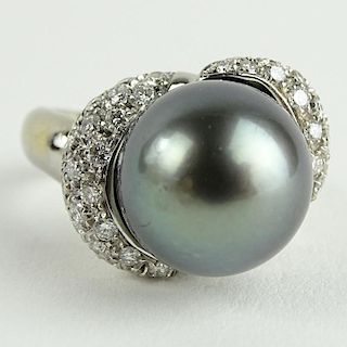 Lady's Vintage 12.5mm Tahitain Black Pearl, Diamond and 14 Karat White Gold Ring.