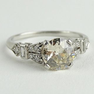 Lady's Art Deco Approx. 1.50 Carat Round Cut Diamond and Platinum Engagement Ring.
