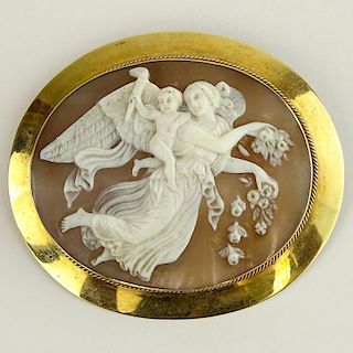 Large Vintage Carved Shell Cameo and 14 Karat Yellow Gold Brooch.