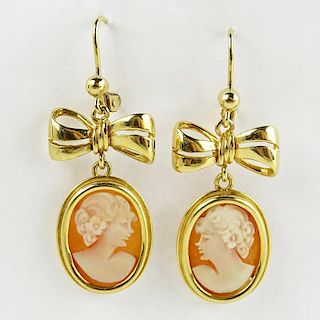 Pair of Lady's Carved Shell Cameo and 14 Karat Yellow Gold Earrings