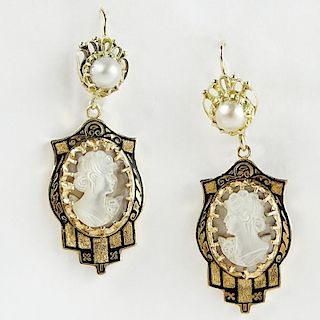 Pair of Lady's Vintage 14 Karat Yellow Gold, Carved Mother of Pearl, Enamel and Pearl Cameo Earrings.