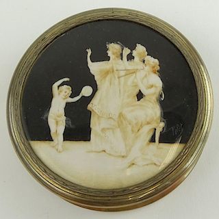 Antique French Silver Round Box With Hand painted Ivory Lid. Gilt interior.