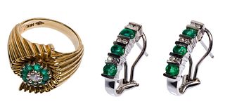 14k Gold, Emerald and Diamond Earrings and Ring