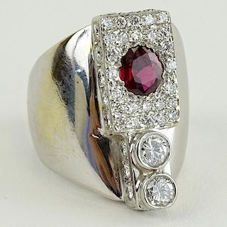 Men's Vintage Round Cut Ruby, Round Cut Diamond and Heavy 14 Karat White Gold Ring.