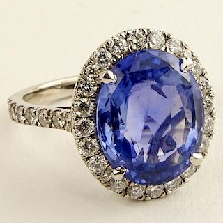 Lady's Gem Quality Approx. 7.0 Carat Oval Cut Ceylon Sapphire, .80 Carat Round Cut Diamond and 18 Karat White Gold Ring,