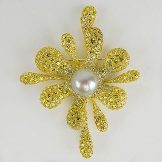 Lady's Approx. 4.50 Carat Round Cut Yellow Sapphire, Round Cut Diamond, Pearl and 18 Karat Yellow Gold Brooch.