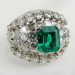 Vintage French Approx. 2.0 Carat Emerald, Diamond and Platinum Ring.