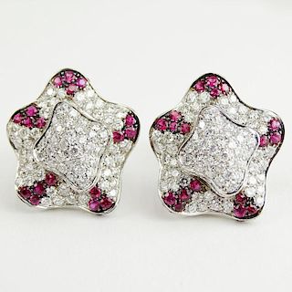 Pair of Lady's Approx. 5.0 Carat Round Cut Diamond, Ruby and 18 Karat White Gold Earrings