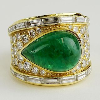 Vintage David Webb Pear Shape Cabochon Emerald, Round and Baguette Cut Diamond and 18 Karat Yellow Gold Ring.