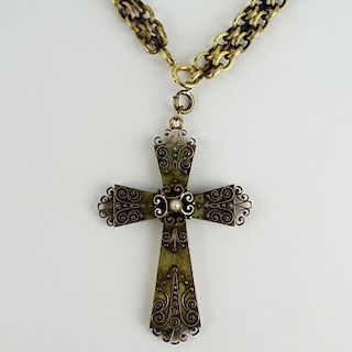 19/20th Century Probably American 14 Karat Yellow Gold Cross Pendant and Chain with antique box from William Barthman Jeweler, NY, NY. Cross Pendant s