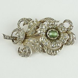 Vintage Rose Cut Diamond, Approx. 4.0 Carat Cat Eye, 14 Karat White Gold and Silver Flower Brooch. Unsigned. Good condition. Measures 2-3/4 inches x 1