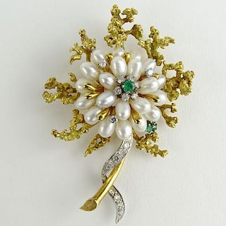 Lady's Vintage 18 Karat Yellow Gold and Pearl Brooch accented with small Round Cut Diamonds and Emeralds. Signed 18K. Very good condition. Measures 2-
