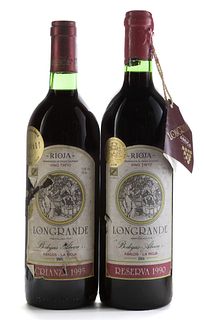 Two bottles of Longrande, a 1990 Reserva and a 1995 Crianza, Bodegas Abeica. 
Category: Red wine. D.O. Rioja.