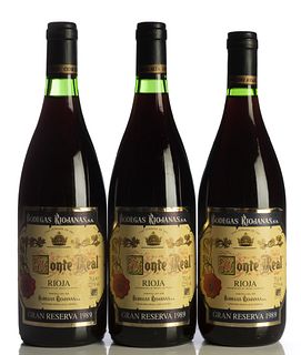 Three bottles Monte Real, Gran Reserva 1989. 
Category: Red wine. D.O.C. Rioja.