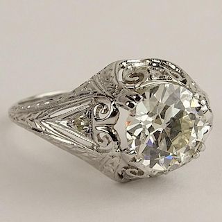 EGL Certified 1.95 Carat Old European Cut and Platinum Filligree Art Deco Ring. Diamond H-I color, VS2 clarity.