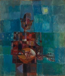 MANUEL HERNÁNDEZ MOMPÓ (Valencia, 1927 - Madrid, 1992). 
"Clown with mandolin", 1956. 
Oil on canvas.