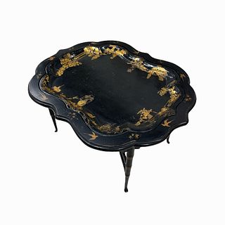 Antique French Black Lacquer Gold Painted Table