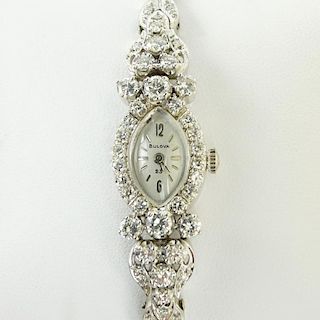 Lady's Vintage Bulova approx. 1.75 carat Round Cut Diamond and 14 Karat White Gold Manual Movement Bracelet Watch.