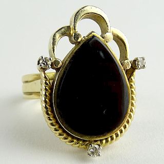Lady's Vintage Black Onyx and 14 Karat Yellow Gold Ring with Small Diamond Accents