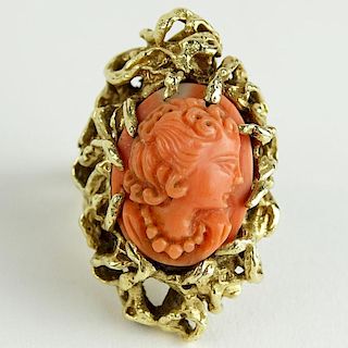 Vintage 14 Karat Yellow Gold and Carved Coral Cameo Ring.
