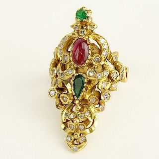 Antique Diamond, Emerald, Ruby and 18kt Yellow Gold Cluster Ring.