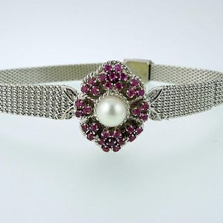 Lady's Vintage Ruby, Pearl and 14 Karat White Gold Bracelet