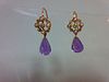 A pair of briolette amethyst, diamond and seed pearl earpendants, each hook fronted with an open cir