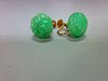 A pair of carved jadeite jade screwback earrings, each bouton of light emerald green mottled jade ca