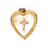 14k Victorian Mother of Pearl Heart Cross Locket Pendant