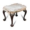 A George II style mahogany stool, overstuffed seat, on leaf carved cabriole legs, ball and claw feet