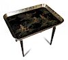 A Regency black lacquer galleried tea tray on a modern stand, decorated in gilt with Chinoiseries 59