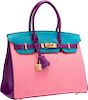 Hermes Special Order Horseshoe 30cm Rose Confetti, Anemone & Blue Aztec Chevre Leather Birkin Bag with Gold Hardware Pristine Condition 12" Width x 8"