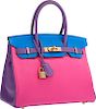 Hermes Special Order Horseshoe 30cm Rose Tyrien, Blue Hydra & Parme Chevre Leather Birkin Bag with Gold Hardware Pristine Condition 12" Width x 8" Hei