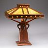 Peterson Art Furniture Co - Faribault, MN Cutout Oak & Slag Glass Lamp c1910
