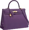 Hermes 35cm Ultraviolet Clemence Leather Retourne Kelly Bag with Gold Hardware Pristine Condition 14" Width x 10" Height x 5" Depth